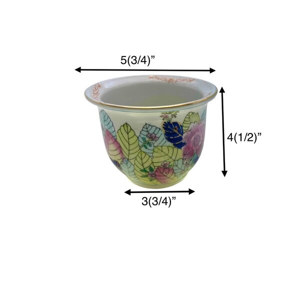 Planter Porcelain Asian Tobacco Leaf Design on Wood Base Vintage Oriental Decor - Picture 2 of 7